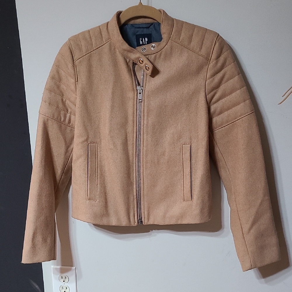 GAP Quilted Sleeve Camel Wool Blend Moto Jacket